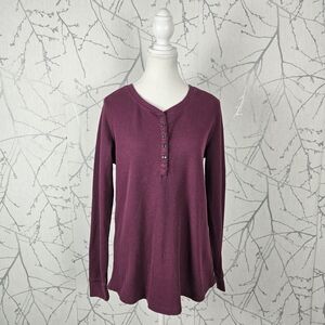 Natural Reflections Fuchsia Pink Cotton Blend Waffle Knit Thermal Henley